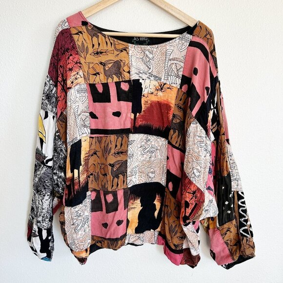 Ashro Top Ethnic Patchwork 3/4 Bat Sleeve Shirt Dbl Cloth Rayon Cotton - Picture 1 of 10